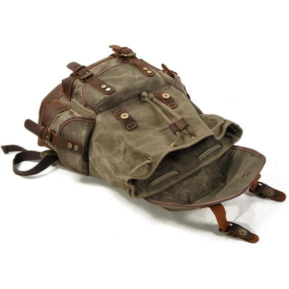 Men Travel Backpack, Genuine Leather-Waxed Canvas Shoulder Hiking Rucksack - Picture 2 of 6